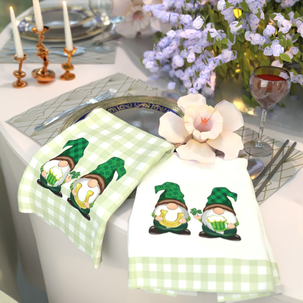 2pcs whimsical gnome   s day kitchen towels - 45.72x66.04cm soft,   &   absorbent polyester, decorative tea towels with green checkered background for   decor details 1