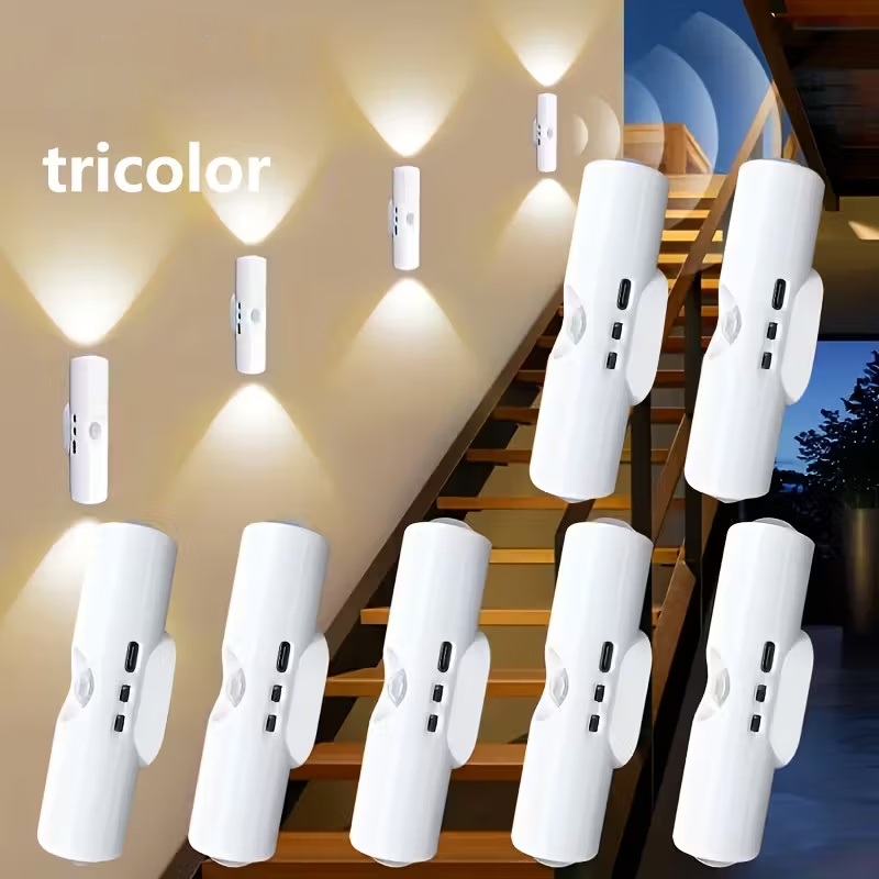 2LED Индукционна лампа за човешко тяло, Три вида светлина USB презареждаща се нощна лампа, Двуглав LED индукционна лампа за стена, Регулируема яркост в 3 цвята (Топло бяло/Неутрално/Студено бяло), USB зареждане, Регулируема яркост Котешко око Стенна лампа