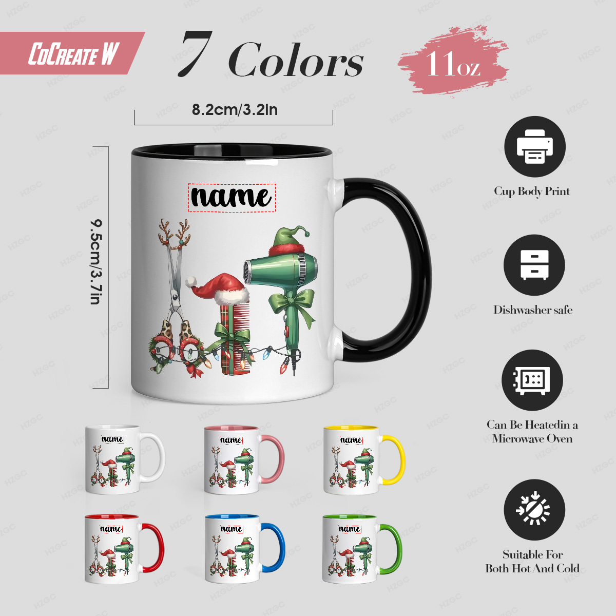   11 ounce custom name ceramic mug designed for hairdressing a personalized gift for hair stylists and adults featuring a unique print of christmas scissors a comb and a hairdryer its dishwasher safe and     occasions 1