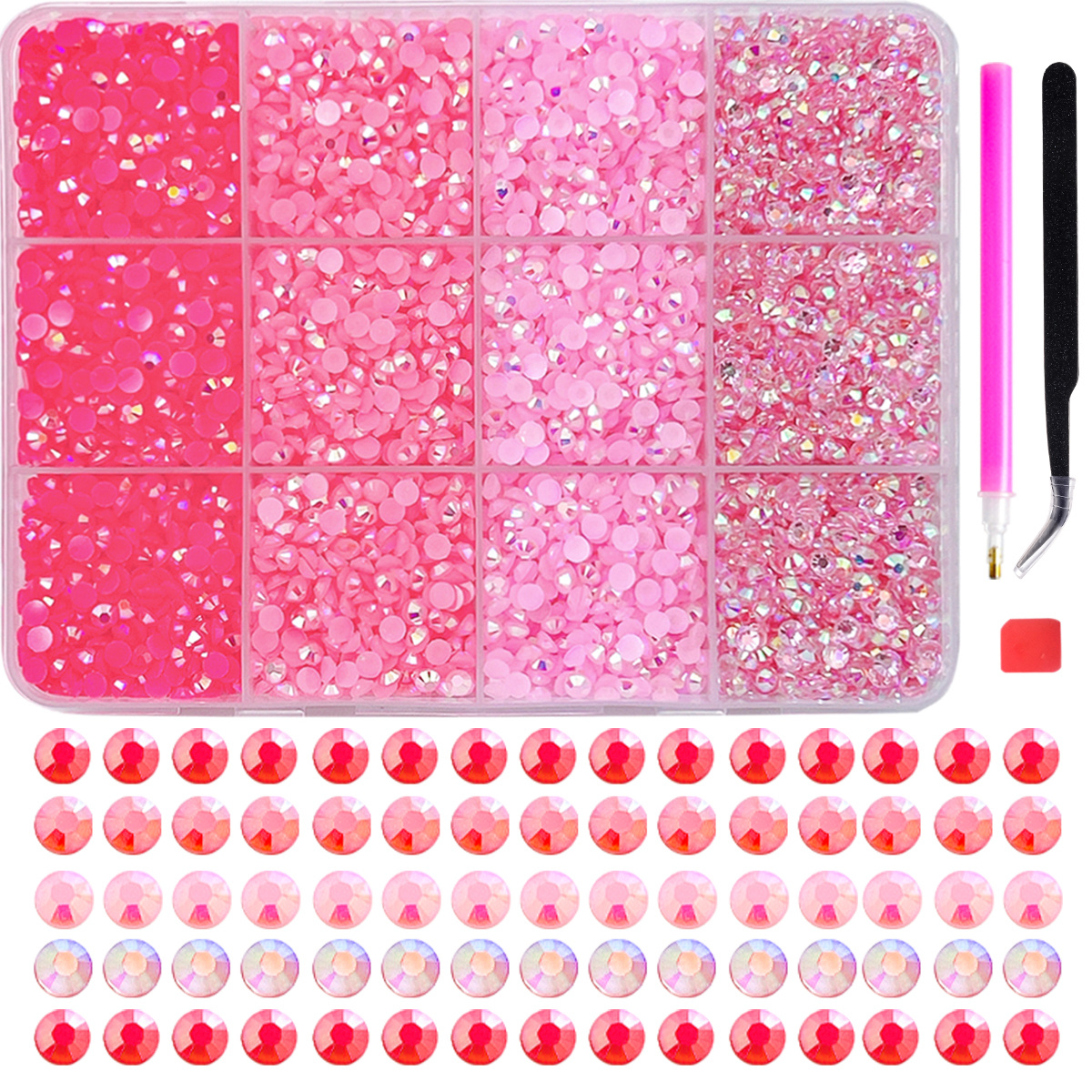 TEMU 1 Boîte de Strass à Fond Plat en Résine Gelée, 12 Grilles 3Mm (SS12) Rouge Fuchsia + Clair AB Cristal Rond Iridescent pour Nail Art, Équipé de