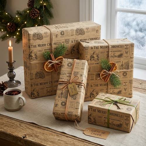one roll of vintage christmas wrapping paper paper brown newspaper style gift wrapping paper printed with sleigh christmas tree wreath and holiday titles rustic vintage holiday wrapping paper roll