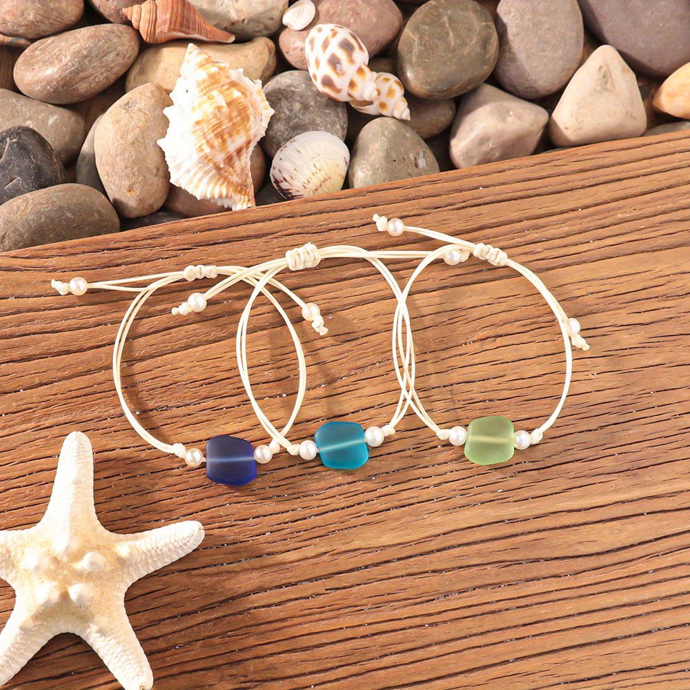 E-shop 3-teiliges Set Böhmischer Ozeanurlaub-Stil Farbenfrohe Meeresglas-Armbänder für Damen – Perfektes Geschenk für lässige Outfits