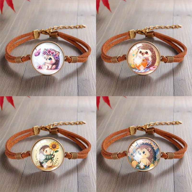 TEMU 4pcs Automne Jungle Hérisson Motif Rond Verre Marron Bracelets Accessoires Cadeaux pour Amis