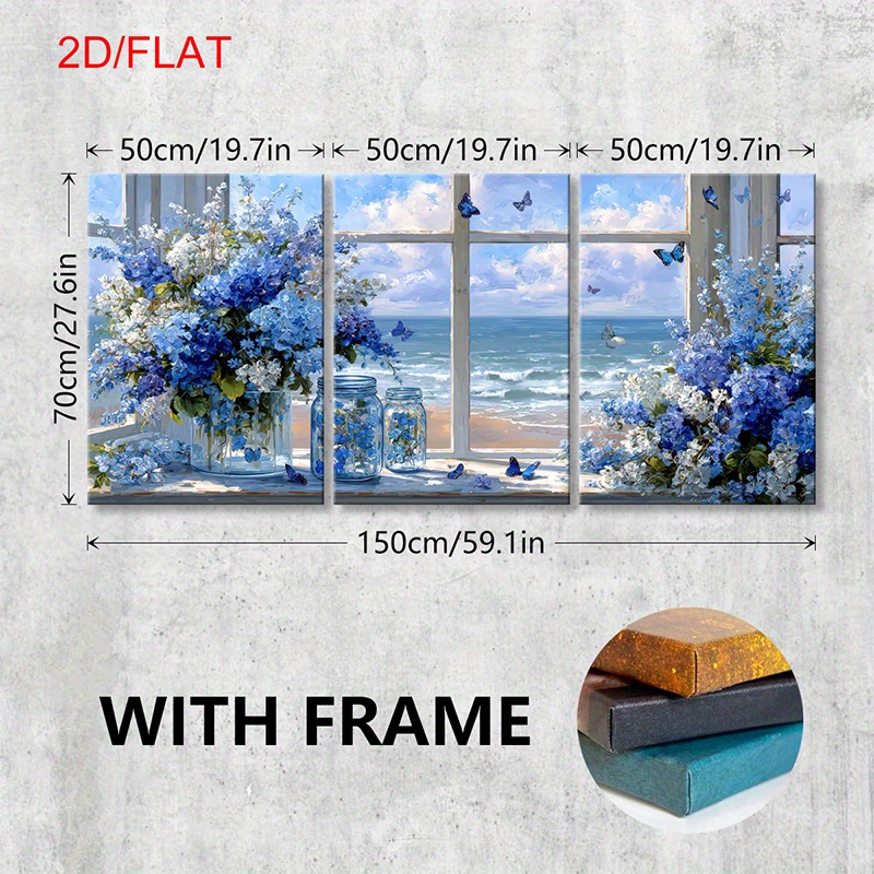 TEMU 2d Flat, 2d/ Flat, 3pcs/ Set Wooden Framed Canvas Poster, Seaside Serenity, Blue , Butterflies, , Home Decor, Living Room, Bedroom, Wall Art,