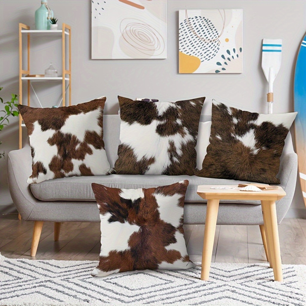 4pcs double sided cowhide print pillow covers soft plush geometric pattern zipper closure machine washable multiple sizes for living room bedroom sofa decor bedroom accessories rustic home decor textured fabric vintage style durable material decorative pillows interior designers 2d flat Product details 5