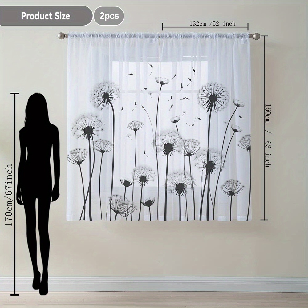 TEMU Launch 2pcs Home Decor Sheer Curtains In Gray And White Dandelion, Flowing Window Drapes Suitable For Kitchen, Café, Living Room, Dining Room,