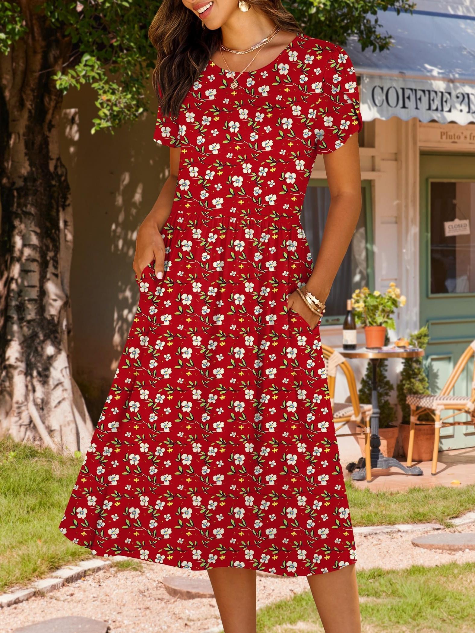 womens casual dress pockets short sleeve round neck knee