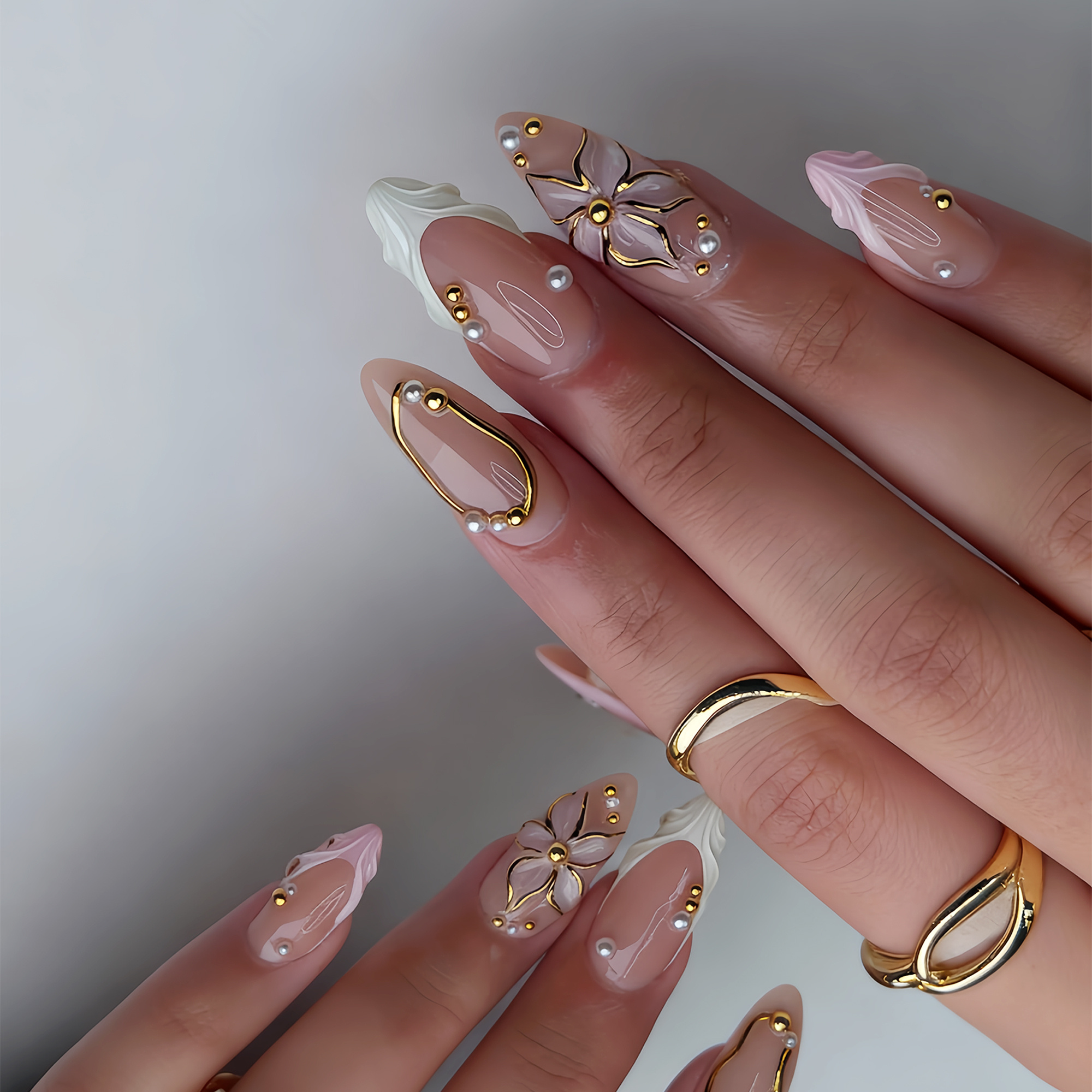 TEMU Zeige deine Schönheit 24 Stück Mandel Nagel Elegante Coole 3D Pull-Off Gestreifte Gestreifte Stahlkugel Weiße Perle Nude Glänzend Helle Falsche