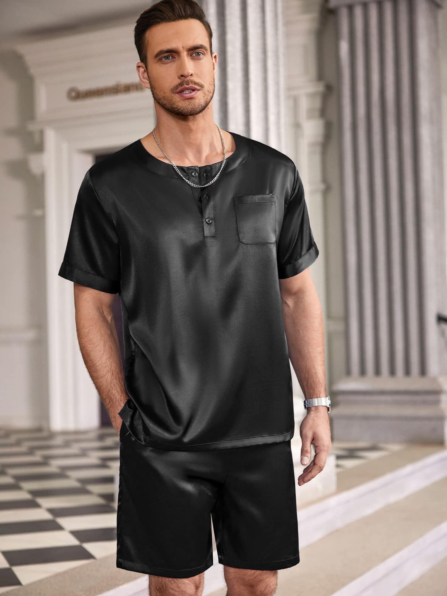 mens pajama set 2pcs sleepwear button top shorts loungewear Temu