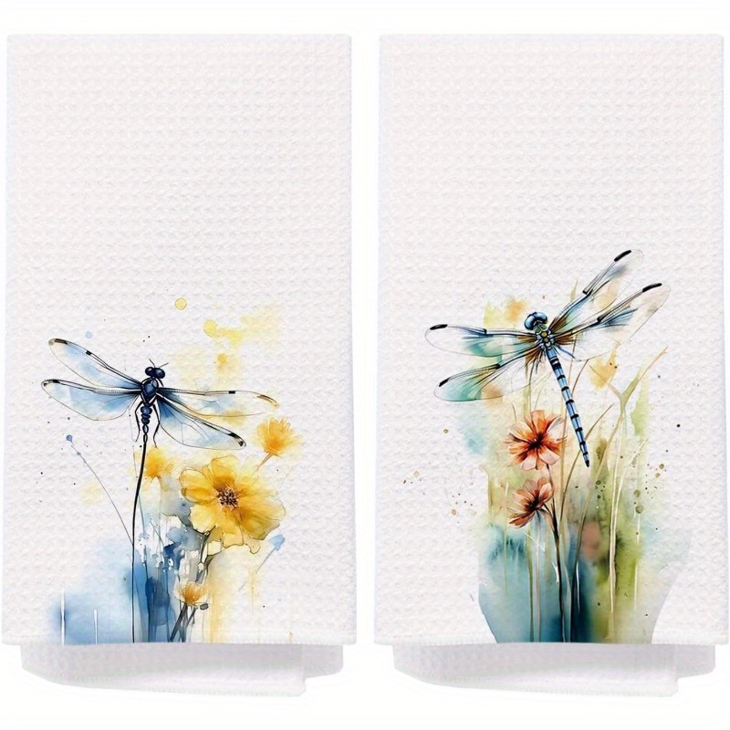 

2pcs Dragonfly Kitchen & Bathroom Towels - 18x26 Inch, Watercolor Design With Vintage Floral Accents, Machine Washable Polyester Dish Cloths, Hand Towel, Decoration