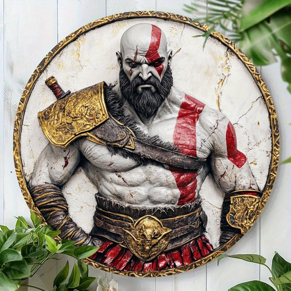 

1pc Round Aluminum Sign - 7.8x7.8 Inches, Spartan Warrior Design With Armor And Sword, Ideal For Home, Room, Farmhouse, Porch Wall Decor Or Unique Gift, 2d, Room Decor