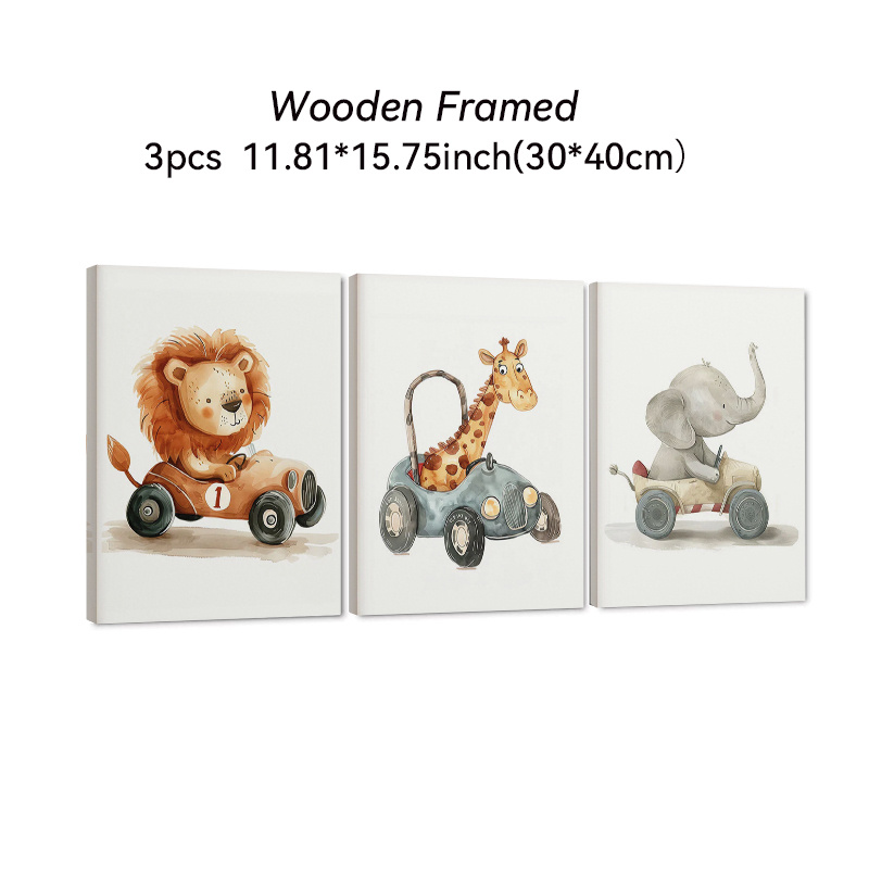 TEMU 3pcs Modern Animals In Race Cars Wall Art - Vertical Wood Framed Canvas Paintings With, Giraffe & Racing Suitable For ' Room,, Living Room,