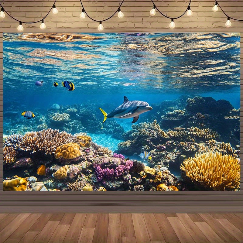 TEMU Vibrant 3d Backdrop - Large Underwater Scene With , , And Fish Wall Hanging, Polyester Fleece Fabric, Living Room, Bedroom, Office Decor - No