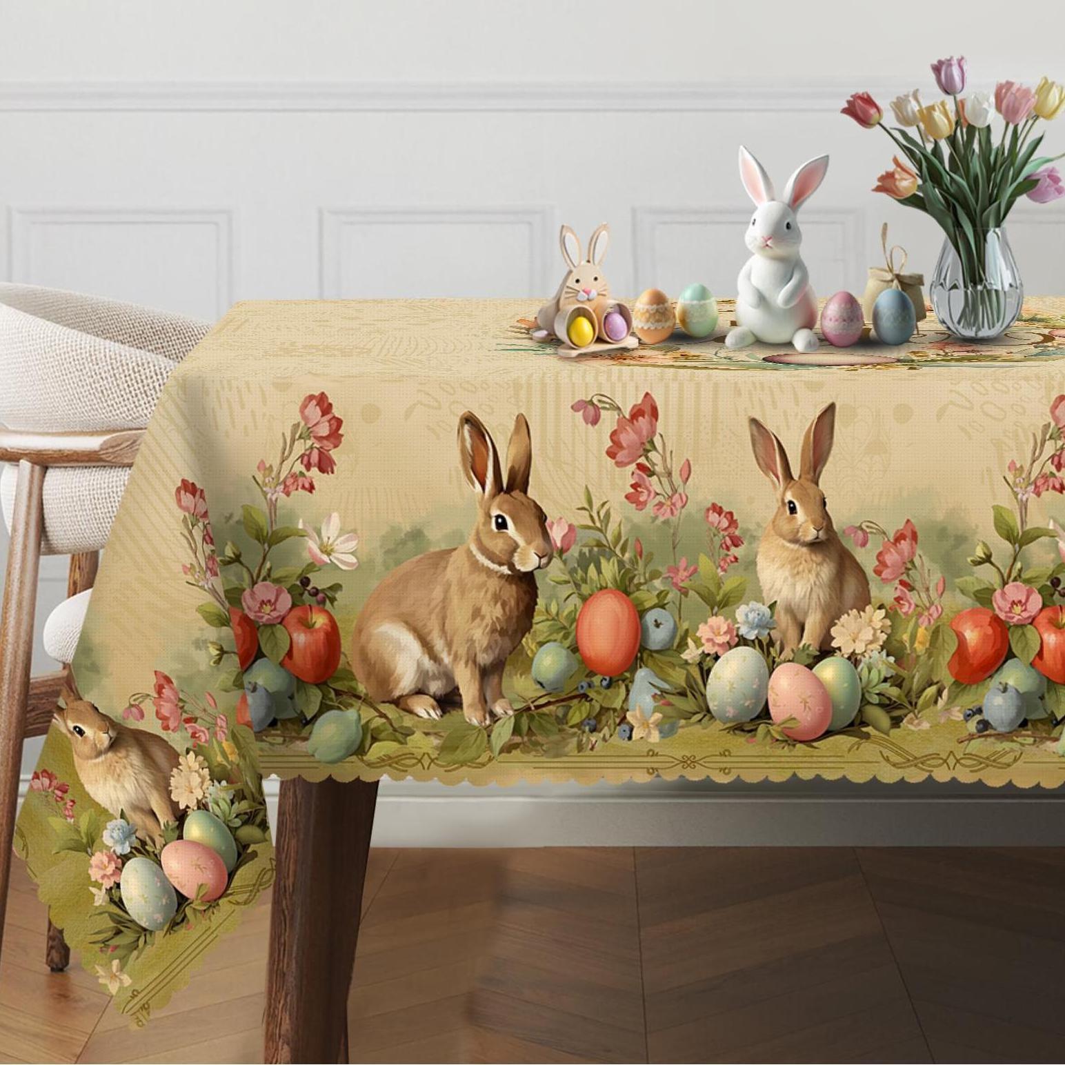 TEMU A Vintage Easter Tablecloth Featuring A Design Of Rabbits, Colorful Eggs, And Flowers, Perfect For Spring And Summer Decor. Ideal For Easter