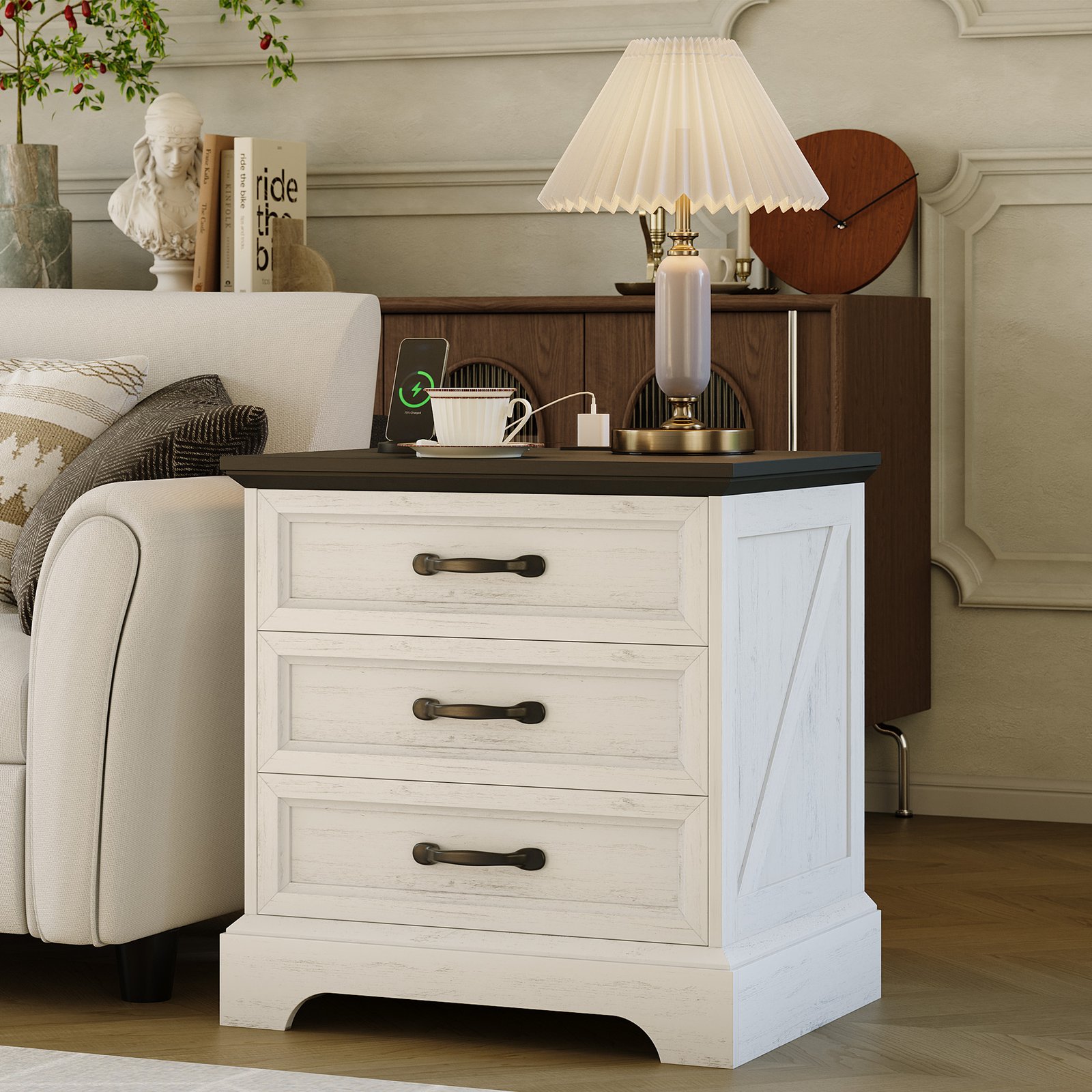 Large 24-inch Modern Farmhouse Nightstand with 3 Drawers - Rustic Bedside Table Suitable for Bedroom & Living Room, Space-Saving End Table with Ample Storage,, Assembly, Multicolor for Small Spaces (Assembly)