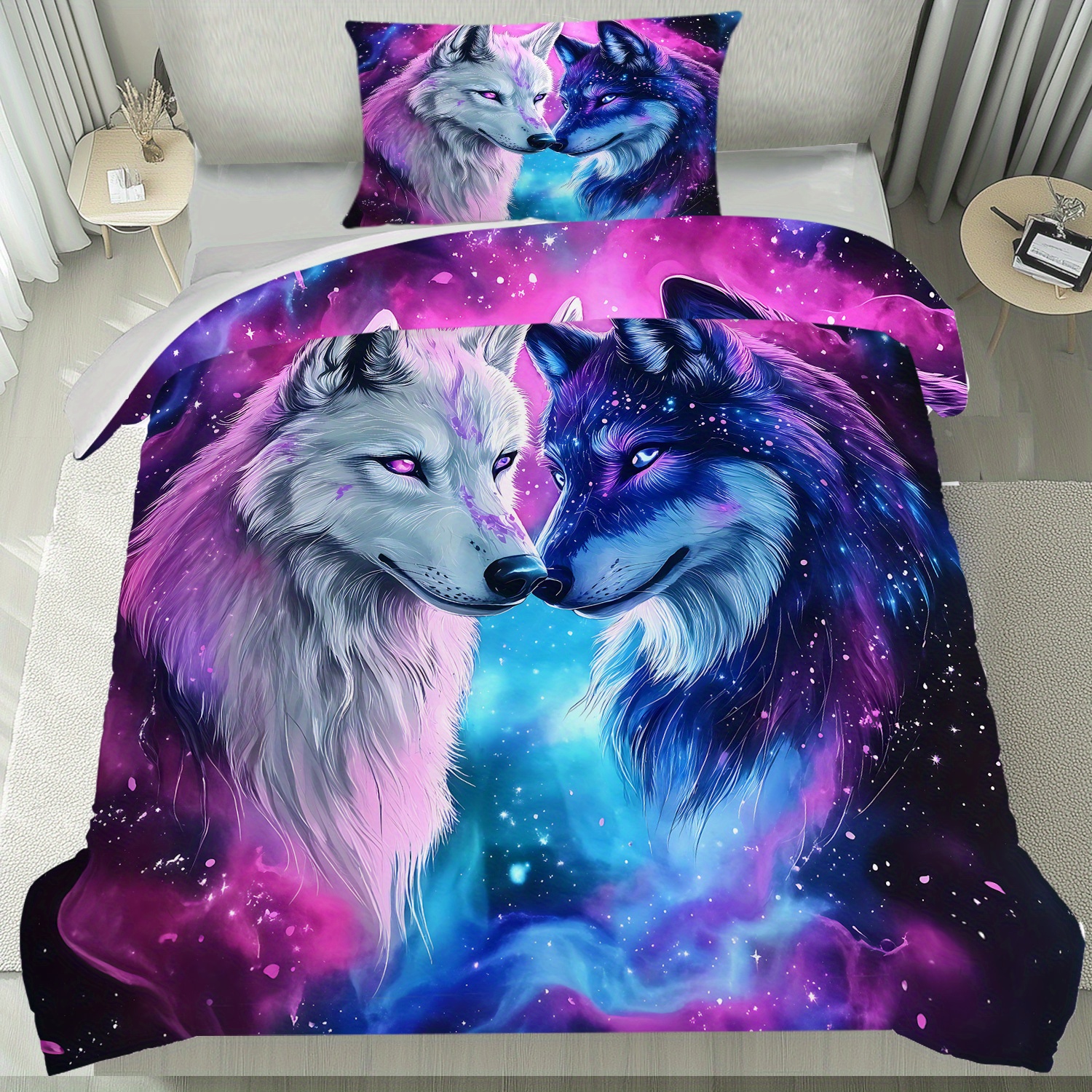 E-shop Latacaca 2/3-teiliges Bettbezug-Set mit kosmischem Wolf galaktischem gemütlichem Thema, Bettwäsche enthält einen Bettbezug zwei Kissenbezüge,