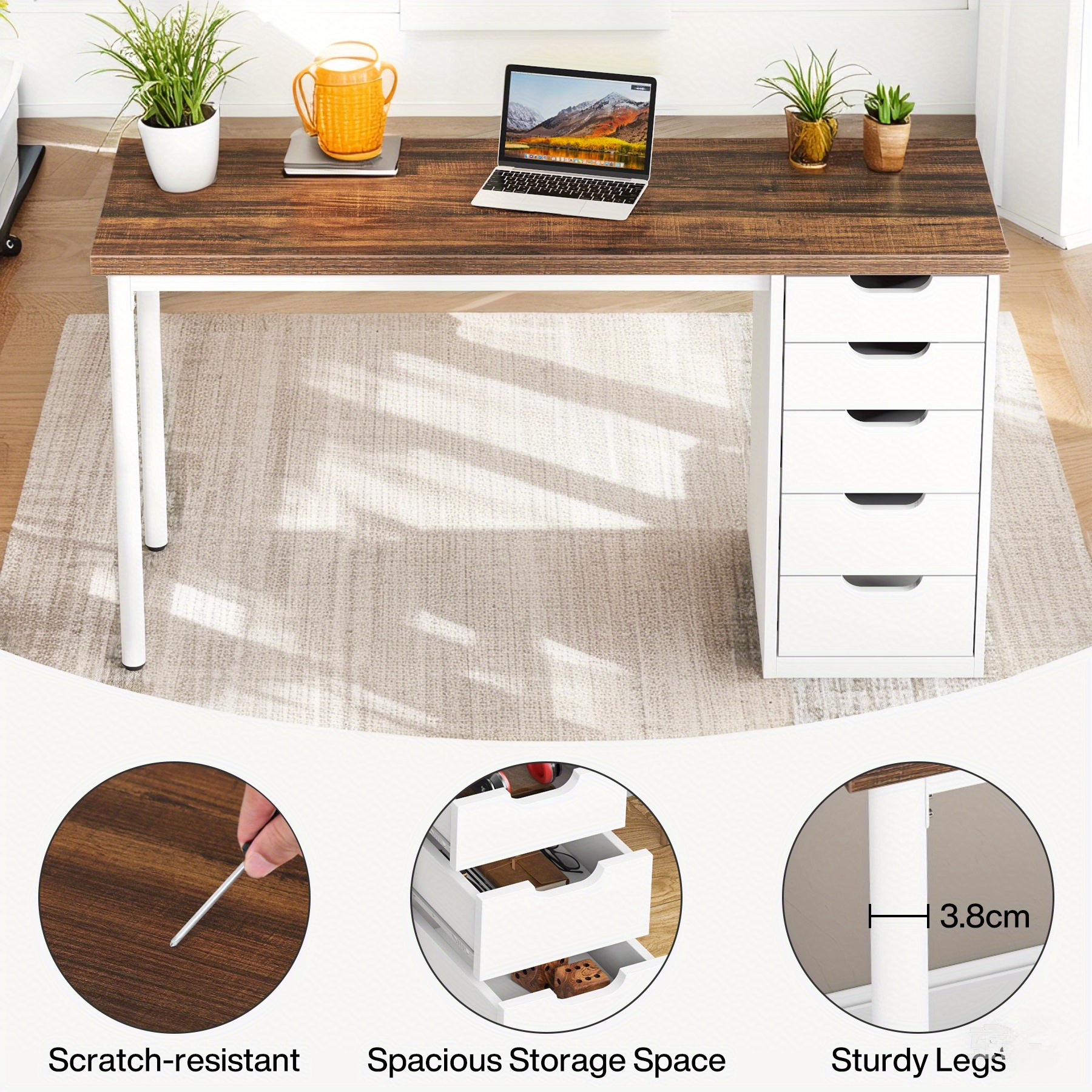 47-Inch Computer Desk, Contemporary Work Desk Featuring 5 Drawers And a Metal Frame, Minimalist Writing Desk Suitable for Home Office Use