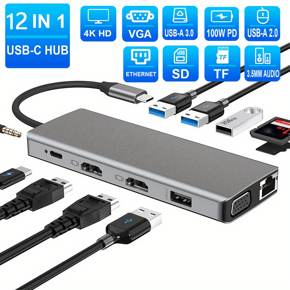 

A 12-in-1 Type-c Usb-c Docking Station With Triple Display Including 2*4k Hdtv, Vga, 100w Pd, 4 Usb-a , Microphone/ Audio, Sd/ Tf Card Reader. Suitable For Macbook/ Windows And Other Usb-c Laptops