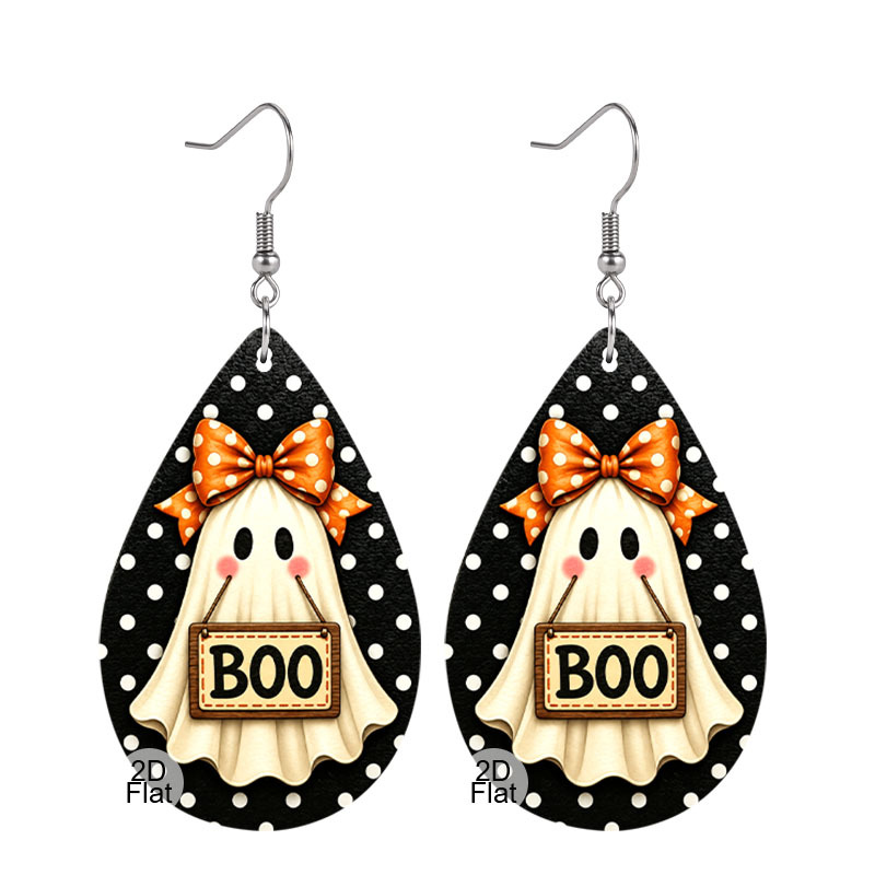 TEMU 2d Flat, 1 Pair Pu Dangle Earrings, Teardrop Boo Orange Polka Dot Bow Black White Polka Dot Pattern, Cute Halloween Jewelry, For Daily Wear,