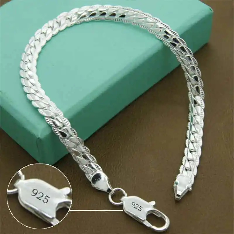 

1pc Elegant 925 Sterling Silver Bracelet - 8&; Bracelet With 5mm Side Chain, Unique Full Side Design, Perfect Gift For Her