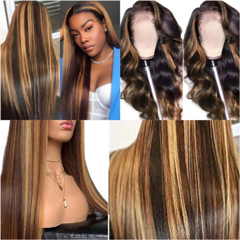 28inch yellow highlights medium length straight hair wig - Temu display picture 2