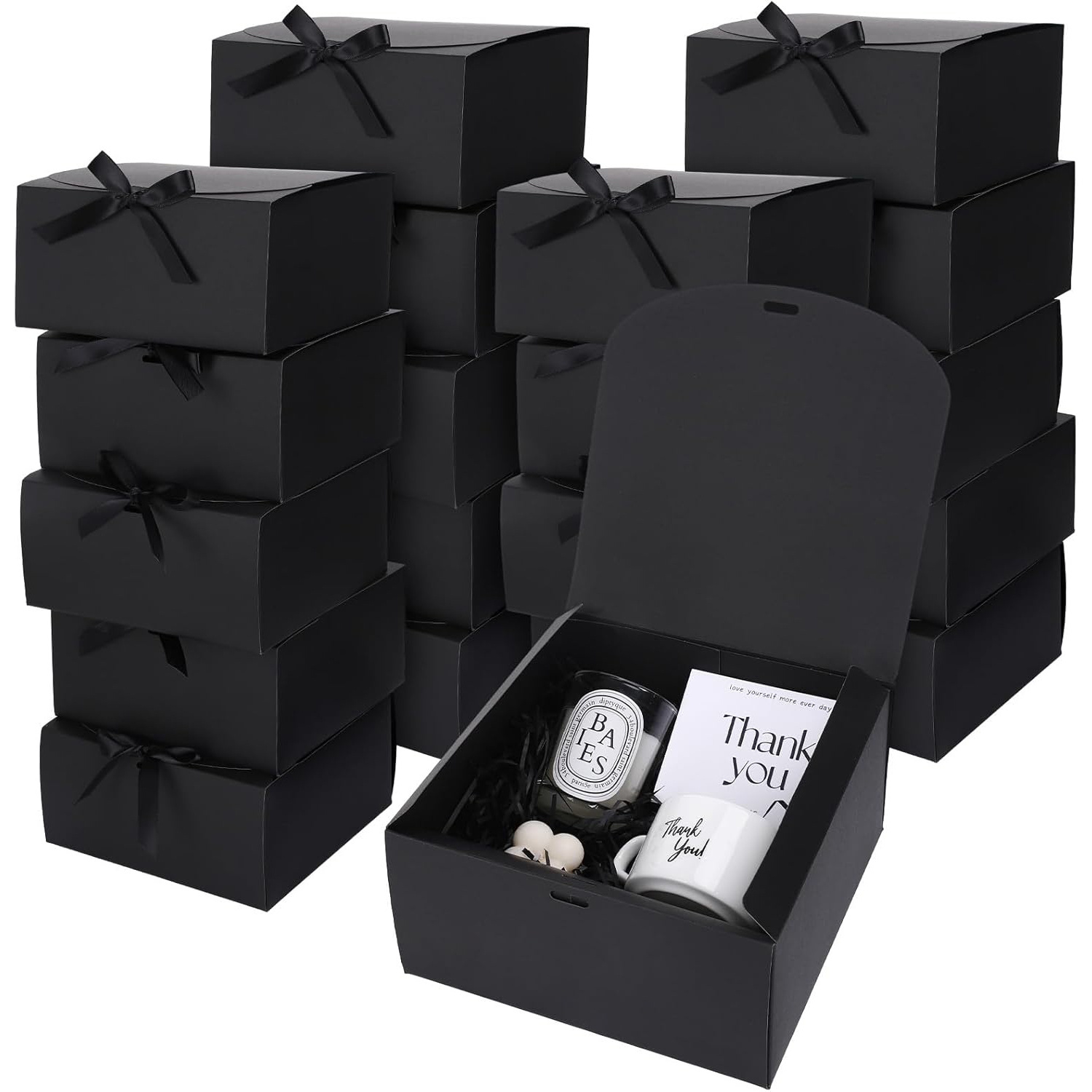 

12pcs Black Kraft Paper Gift Boxes With Ribbons, Multipurpose Large Boxes, 350 Gsm, 8x8x4 Inches, For Jewelry Display, Proposals, Gifts, Christmas, Thanksgiving, New Year, Birthday Present Packaging