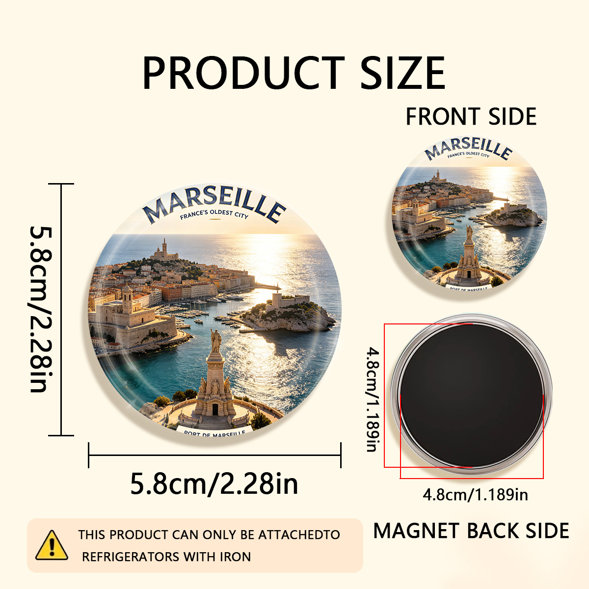 TEMU 1 aimant de réfrigérateur rond durable 2D plat FRANCE, LA PLUS VIEILLE VILLE , PORT DE , adapté pour s' aux réfrigérateurs, aux tableaux , aux
