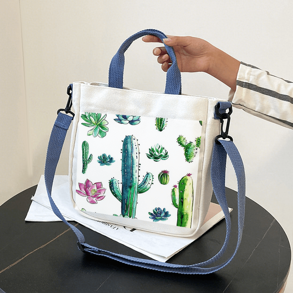 

1pc Handbag With Abstract Cactus And Floral Print, Detachable Shoulder Strap, Multi-functional Tote, Messenger, Shoulder Bag For Women - Closure