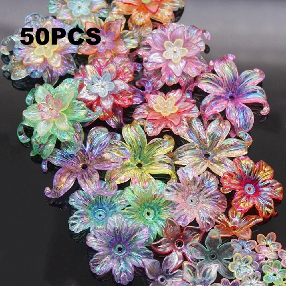 TEMU 50pcs Fleurs Laser 3D Iridescentes Couleurs Mélangées, Pétales Bouclés Radiants Haute avec Trous, Fleurs de Perles pour Épingles à Cheveux Style