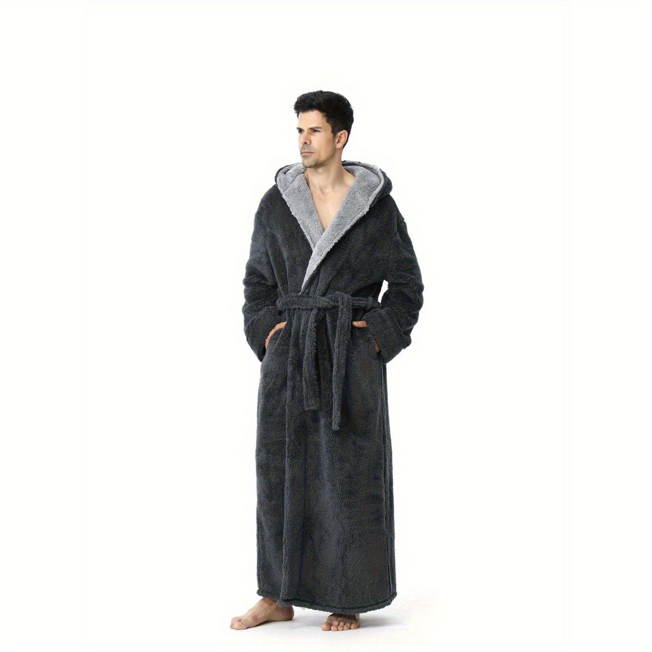 

Long Robes For Men With Hood & Pockets, Soft Plush Full Length Hooded Bathrobe Winter Warm Fleece Sleepwear Shawl Collar , Size M-xxl & Gray