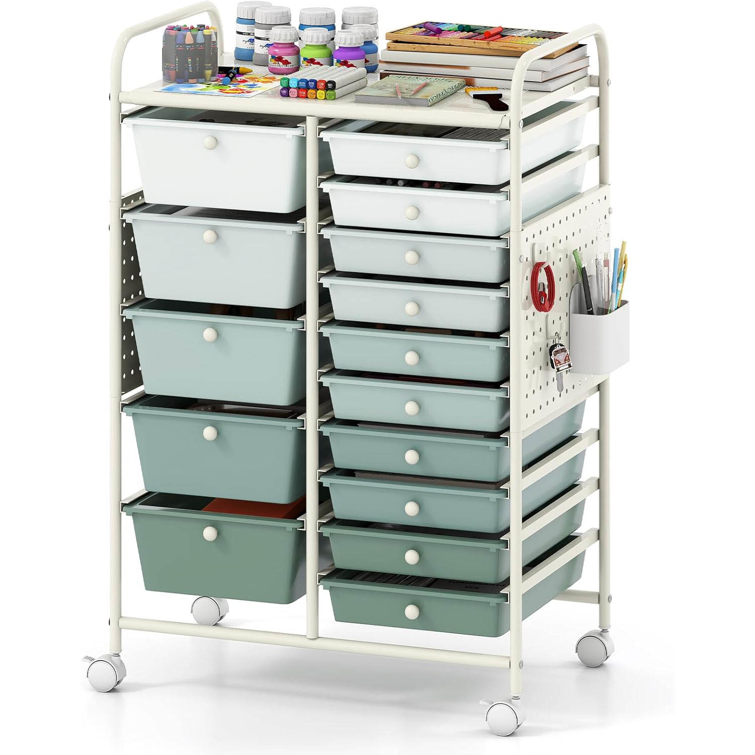 Image of 15-drawer Rolling Cart With Pegboard, Mobile Utility Organizer On Wheels With 2 Locking Brakes, Metal Frame, Multifunctional Art Craft Trolley For Classroom, Home Office & Playroom, Gradient Green