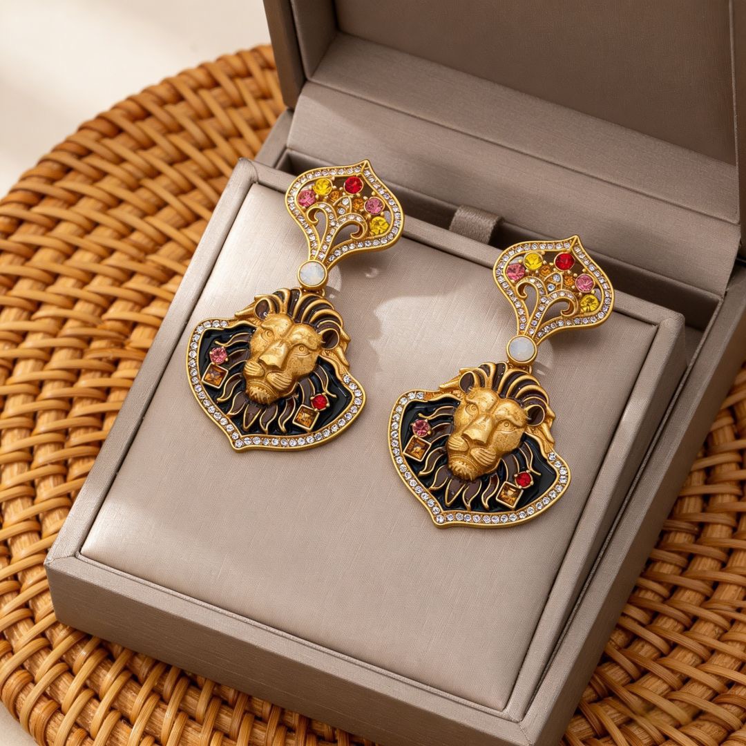 3D Lion Head Enamel Regal-Style Heavyweight Earrings