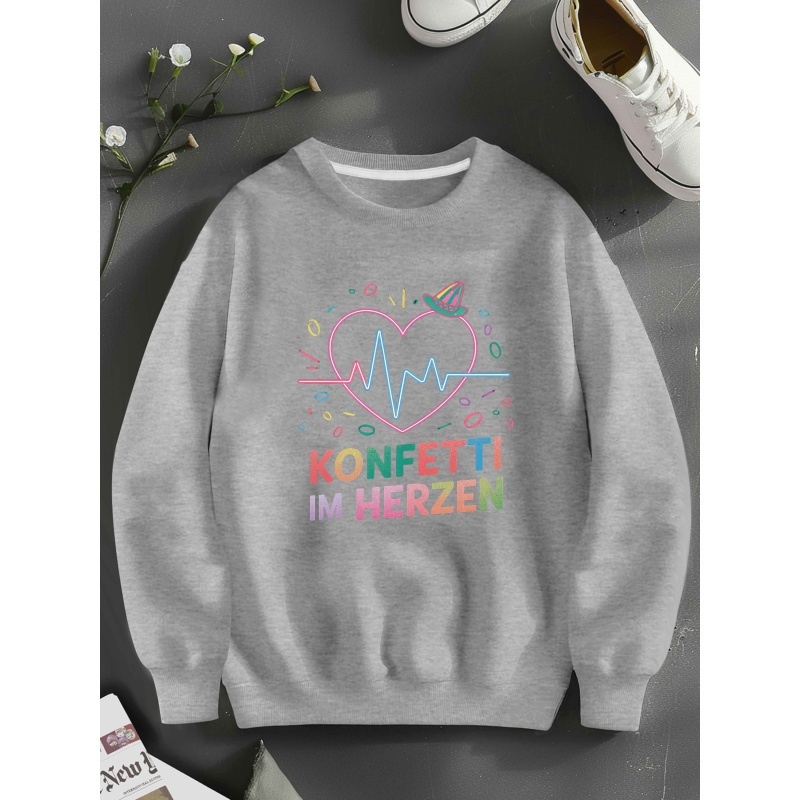 

Heart With Confetti Sweatshirt, Crew Neck Casual Sweatshirt For Fall & Spring, Women's Clothing