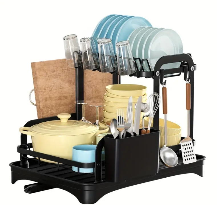   rack above the kitchen sink a larger two tier dish drying rack set with a draining board a countertop drying rack double layer large capacity   with a draining board featuring   drainer with a double layer dish rack cup holder cutting board and kitchen accessories details 2