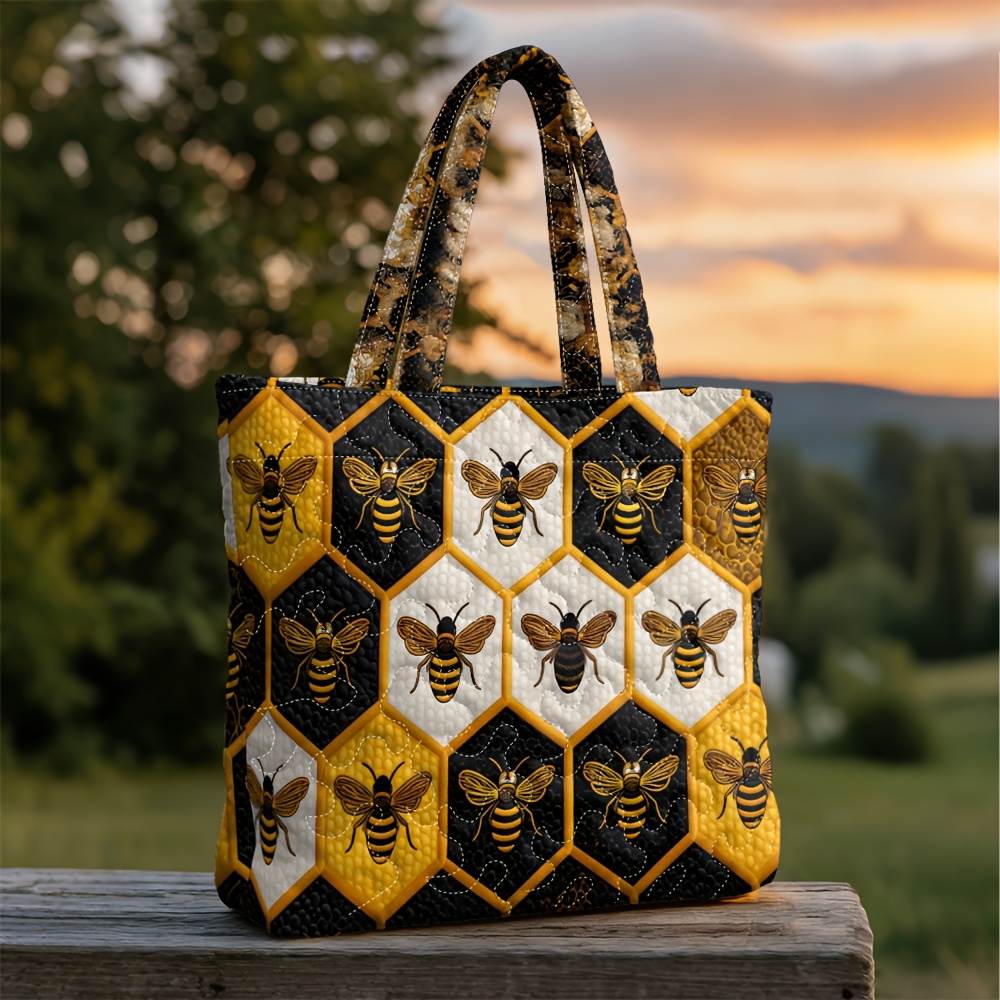 Honeybee Patterned Quilted Handbag, Suitable For Travel And Vacation, Shopping In Malls, And Portable Handbags For Men And Women
