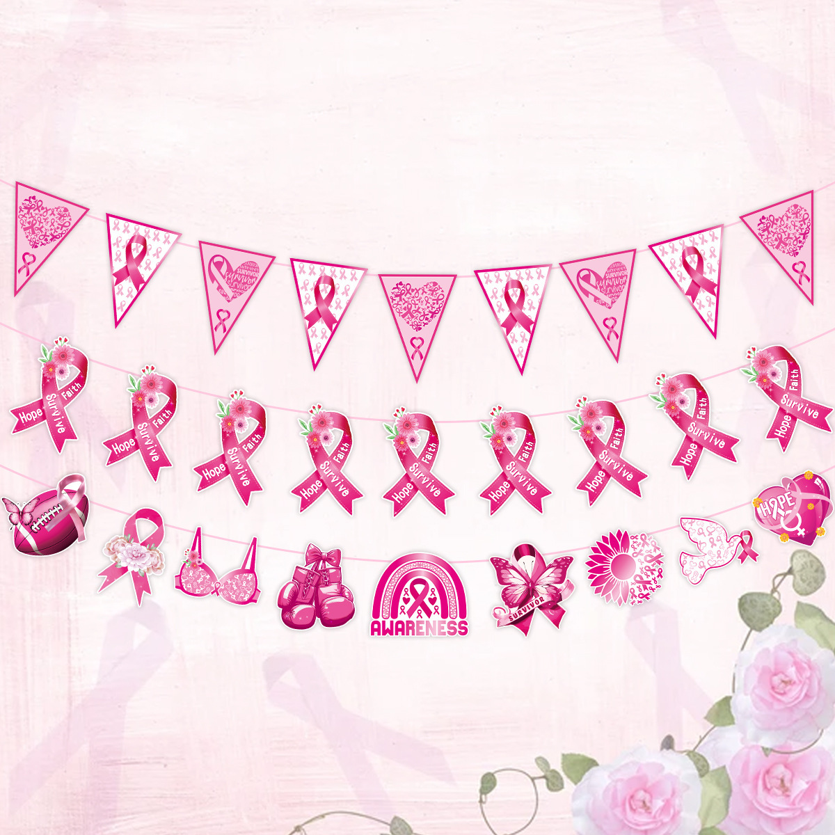 TEMU 3pcs Set Breast Day Themed Party Decoration Banners With Flags And Flowers, Reminding Attention To Breast Health, Breast Themed Party Decoration