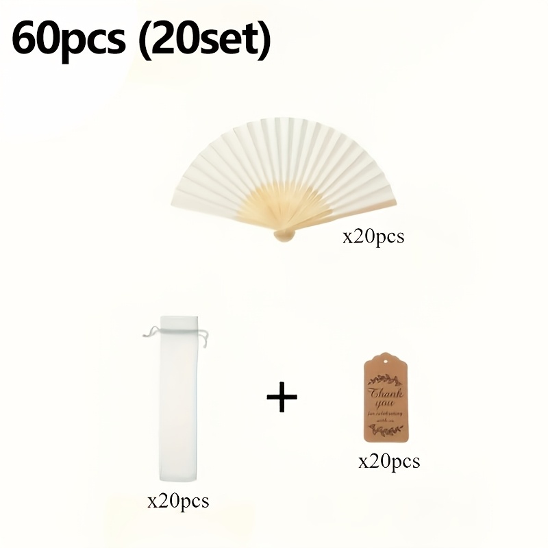 TEMU Juego de 60 abanicos de papel plegables (20 juegos) - 20 juegos incluyen 20 abanicos, 20 bolsas y 20 tarjetas. Regalo de boda, de bricolaje,