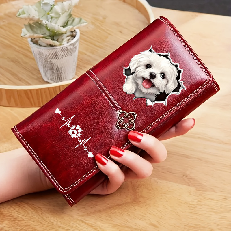 TEMU 2d Flat White Puppy Maltese Dog Heart Paw Print Design Long Wallet, Line Puppy Pattern Retro Multi-zipper Compartment Wallet, With Credit Card