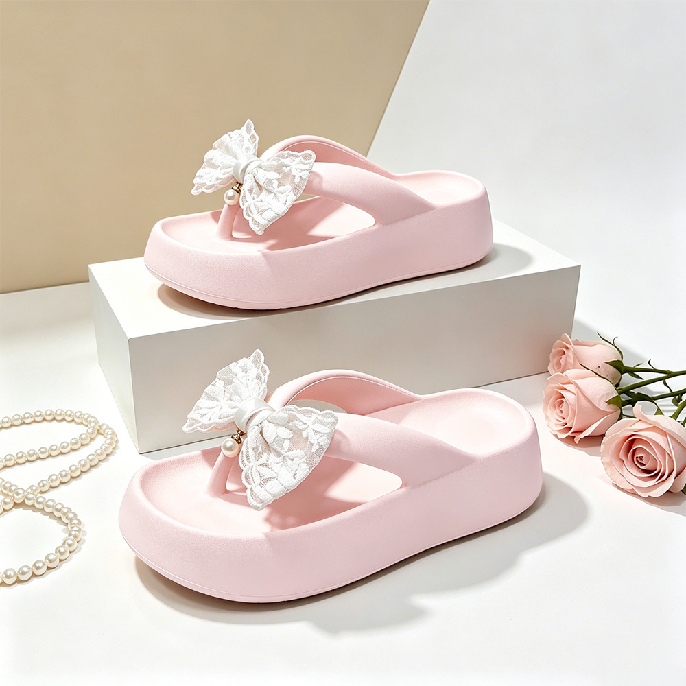 TEMU Sweet Lace Bow Pearl Pendant Flip-flops, Women's Eva Platform Sandals With White Lace Bow Decoration, A Fashionable And Romantic Everyday Casual