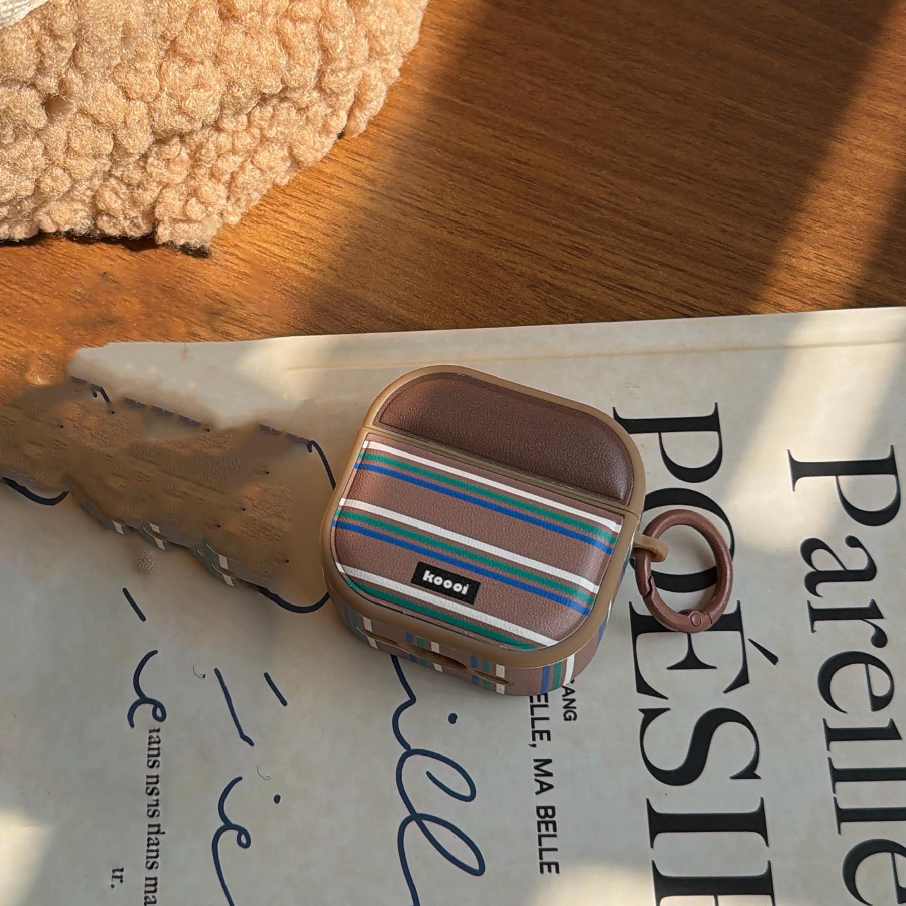 TEMU Korean-style Minimalist Blue And Brown Striped + Ring Earphone Case, Compatible With Airpods 5 Case/ Case//airpods 4 Case/airpods 3 Case/