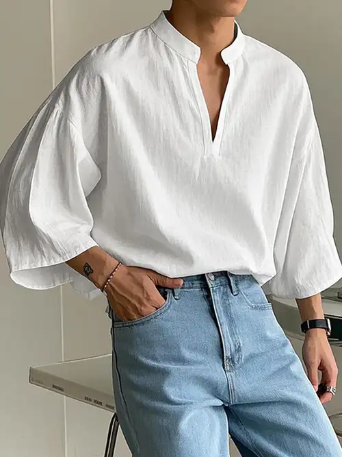 3 4 sleeve dress shirts mens Men 3/4 Sleeve Dress Shirt Button Down Formal Business Office Work Blouse