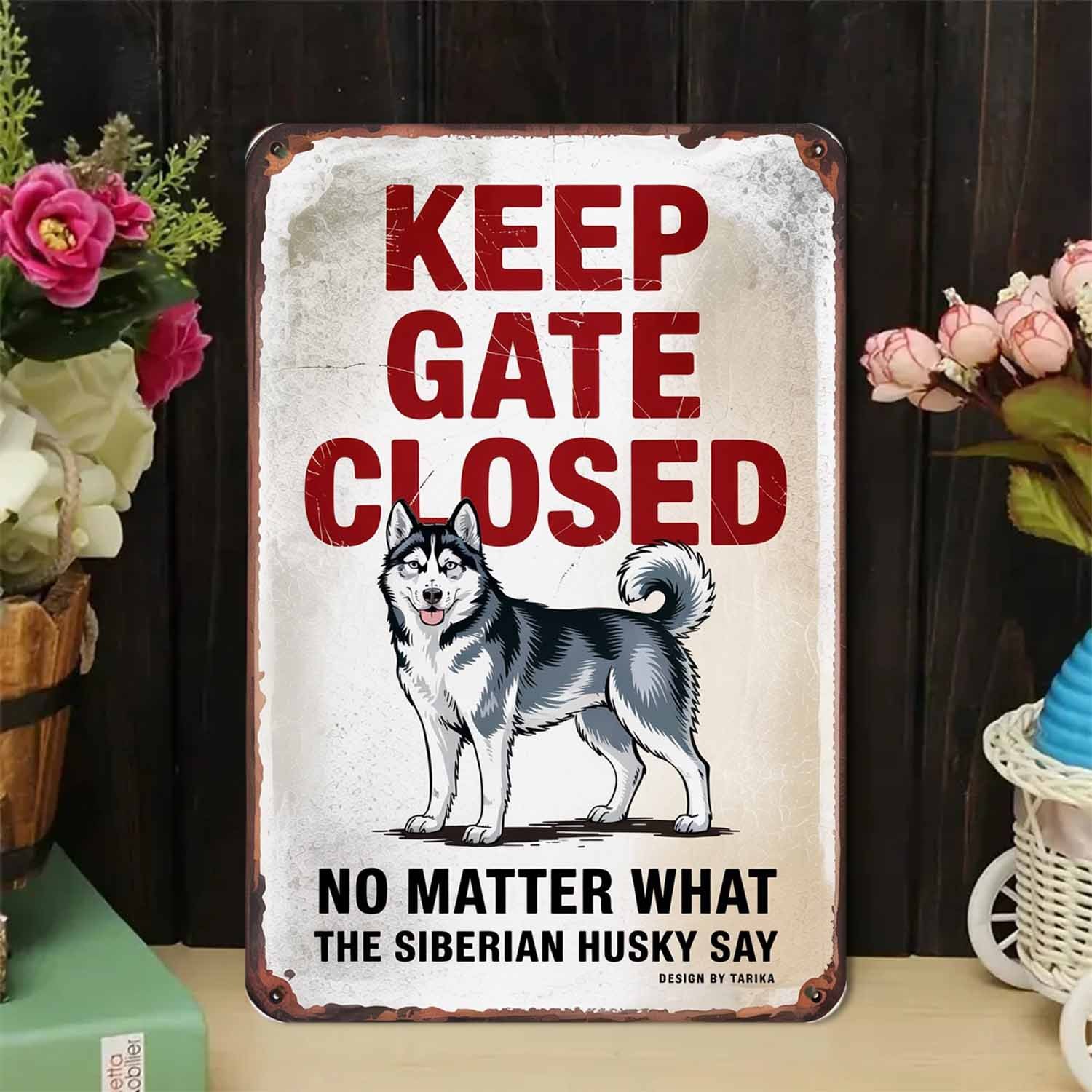 TEMU 1pc Decorative Sign Keep Gate Closed Featuring A Husky, A Vintage Warning Tin Sign Showcasing The Husky Dog Breed, Perfect For Aesthetic Room