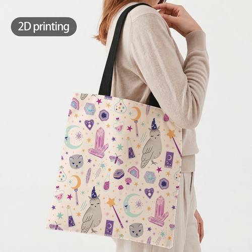 1pc 2d flat unisex crossbody bag handbag tote bag and print tote with star moon and magic wand elements purple design suitable for halloween themed parties and daily