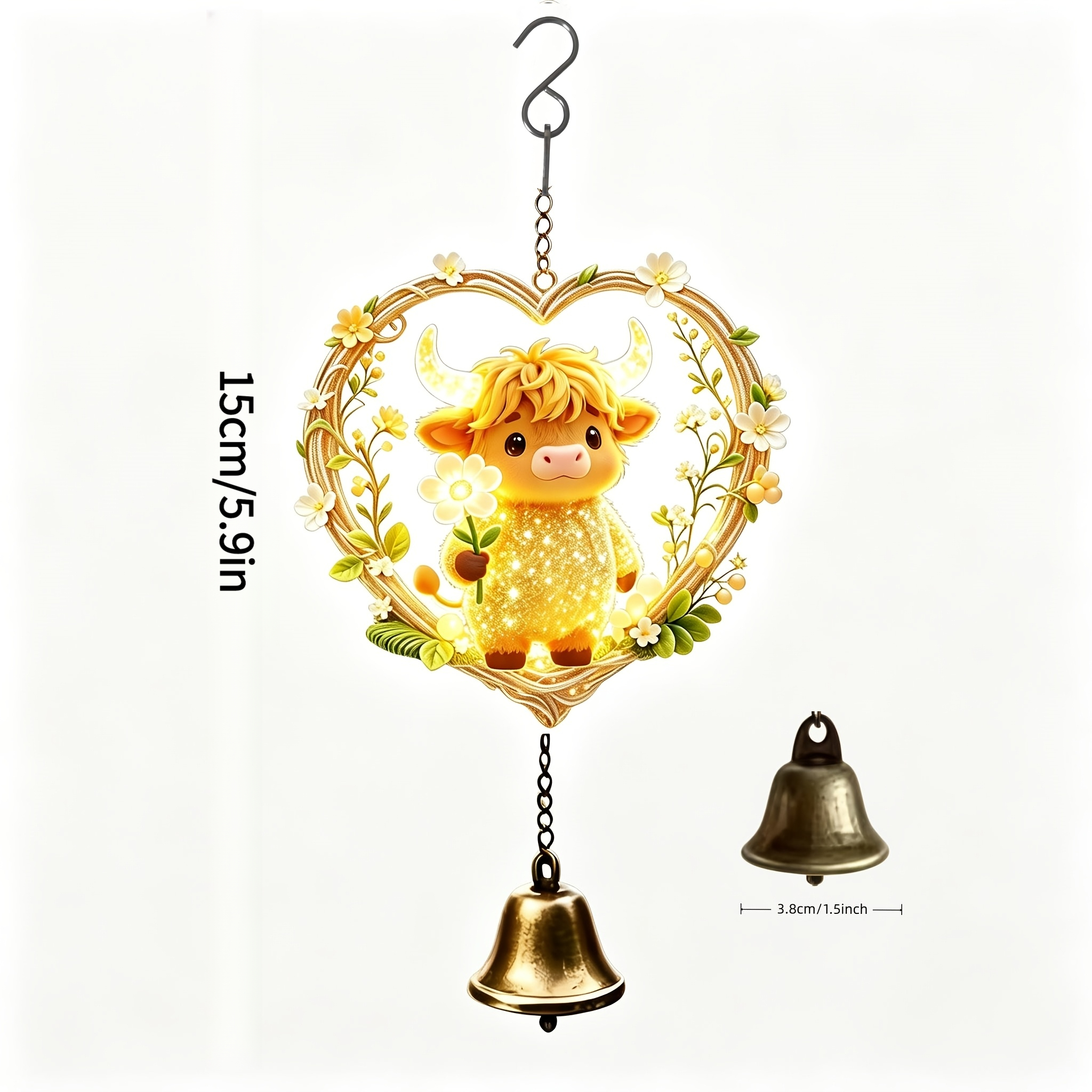 TEMU 2d Flat Acrylic Carved Heart-shaped Floral Frame With Highland Calf Wind Chime Ornament. Suitable For Hanging Indoors On Windowsills, , And