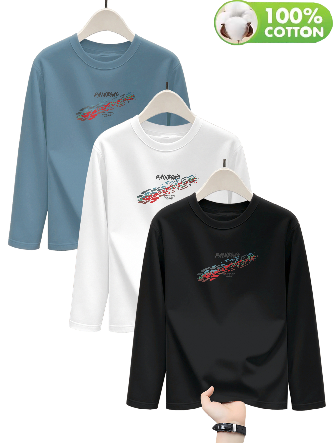 item picture 3pcs Set 100% Men S T-Shirt Spring Autumn Long Sleeve Top    -Friendly Comfortable Breathable Standard Fit Daily   Multi-Scene  