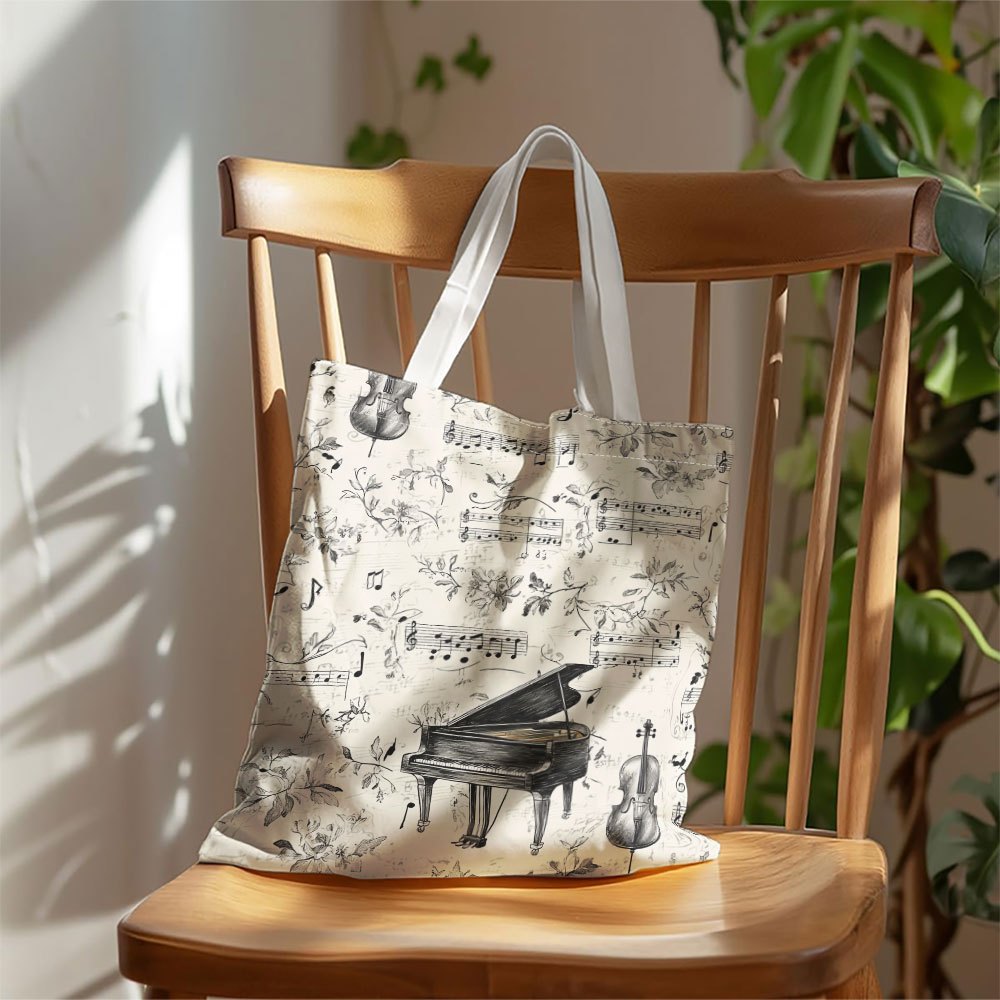 TEMU 1pc Musical Notes Canvas Tote Bag - Elegant Design With Piano & Violin Illustrations, Books, Phones, Cosmetics, Clothes, Beach, Travel, Hiking,