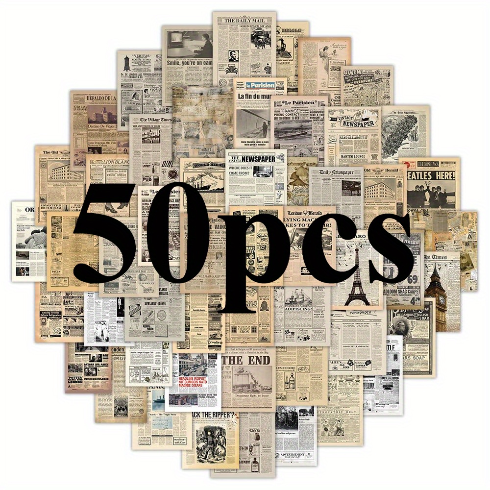 50 Retro Parchment Newspaper Stickers Popular Mobile Phone Case Desktop Ledger Sticker