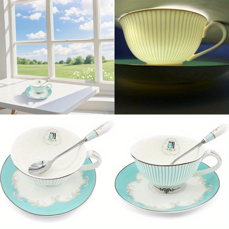 elegant vintage ceramic teacup set with a spoon and saucer, featuring   china and striped design., ideal for weddings & travel, this porcelain tea cups is an   luxury gift, accessory for home ceramic sofa mini tea cup tableware teaware. Product details 1