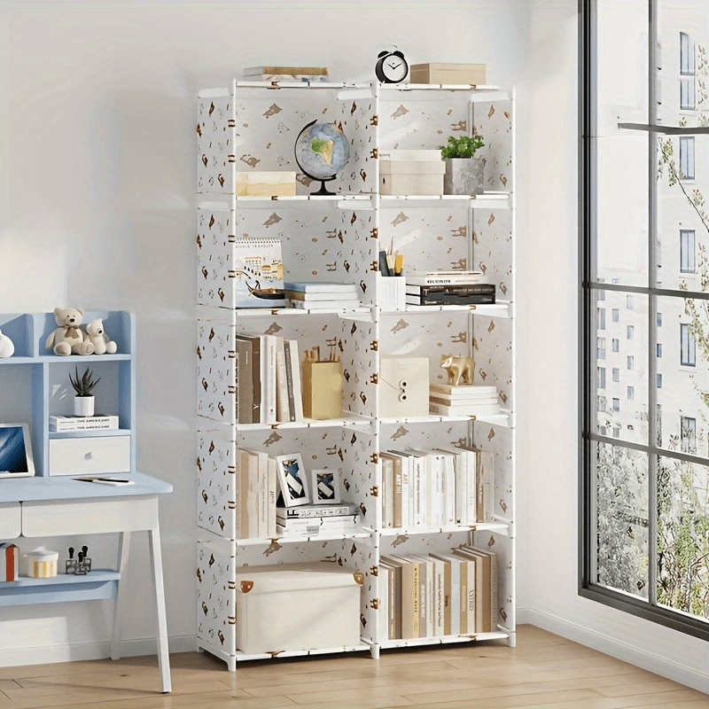 E-shop 10-Würfel Doppel-Metall-Bücherregal, Mehrstöckiges Stoffregal mit goldenen Rohren, Hoher Aufbewahrungsorganisator für Schlafzimmer, Wohnzimmer,
