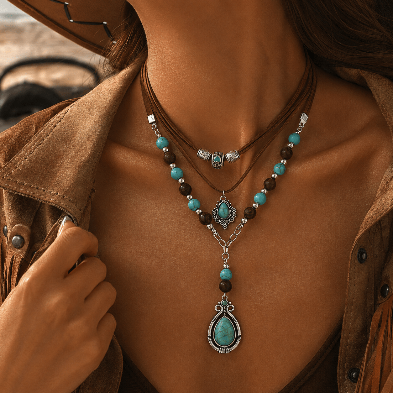 TEMU 2pcs Western 2-layer Synthetic Turquoise Pendant Necklace For Women, Vintage Boho Cowgirl Beaded Jewelry